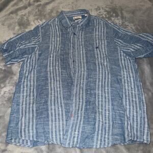 Weatherproof Vintage Blue Striped Linen Shirt Men’s XXL Short Sleeve Button